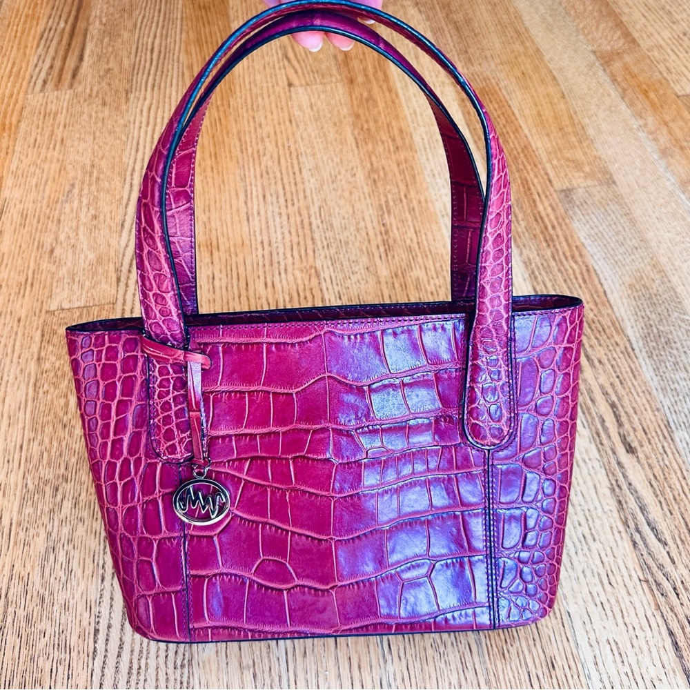 Monsac Women's Raspberry Crocodile-Embossed Leather Double Handle Handbag